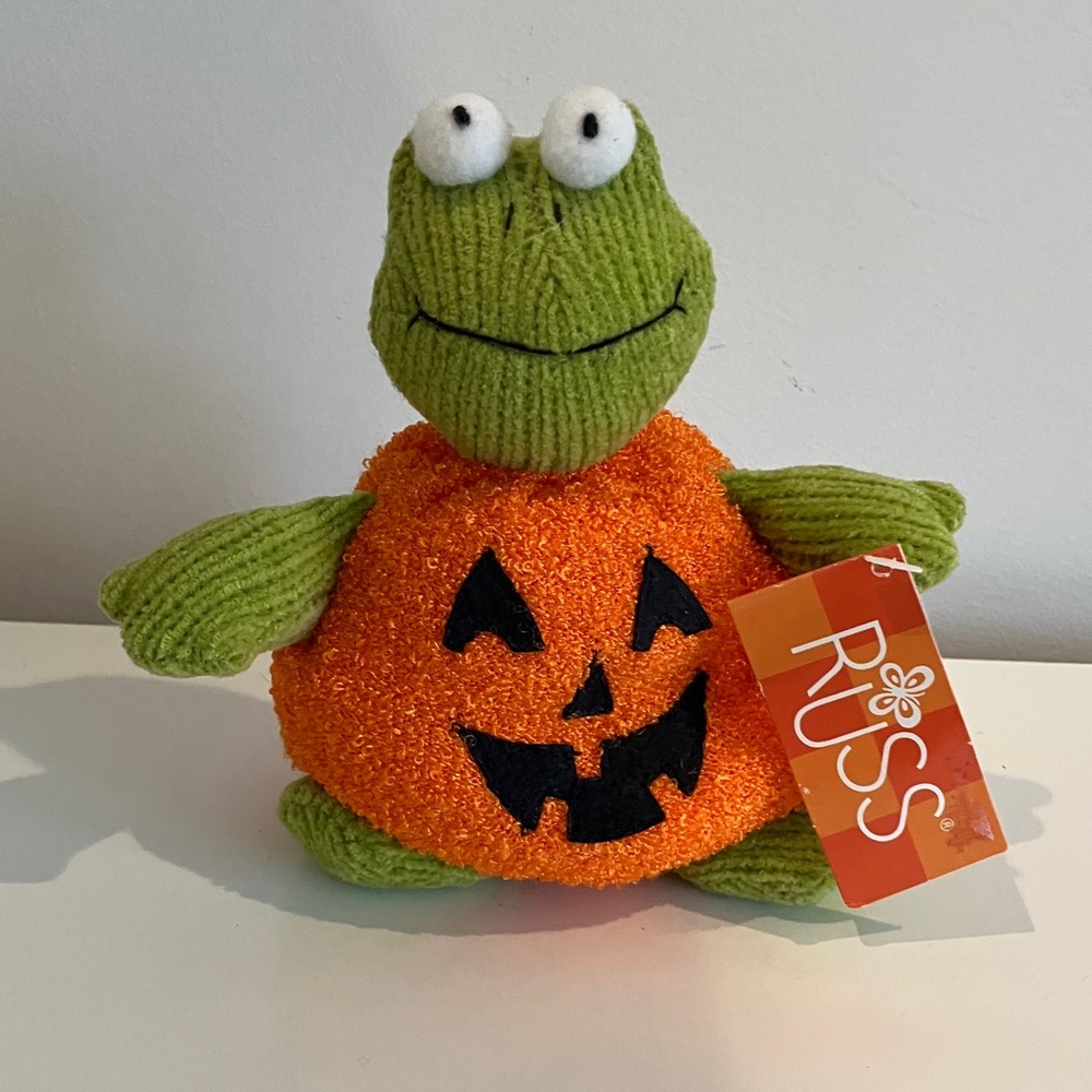 Russ Green and Orange Frog Plush with Pumpkin Design